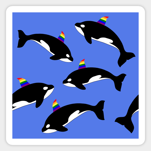 Gay pride rainbow orca killer whale. Seamless pattern on blue water background. Sticker by Nalidsa